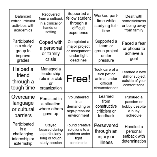 Resilience Bingo Card