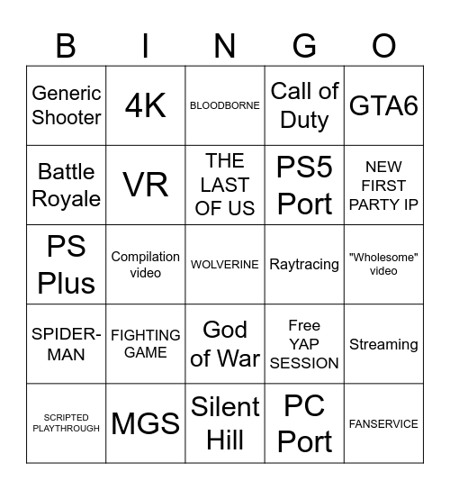 Playstation State of Play Bingo Card