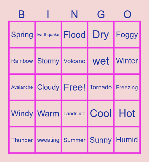 Weather, seasons and natural phenomena Bingo Card