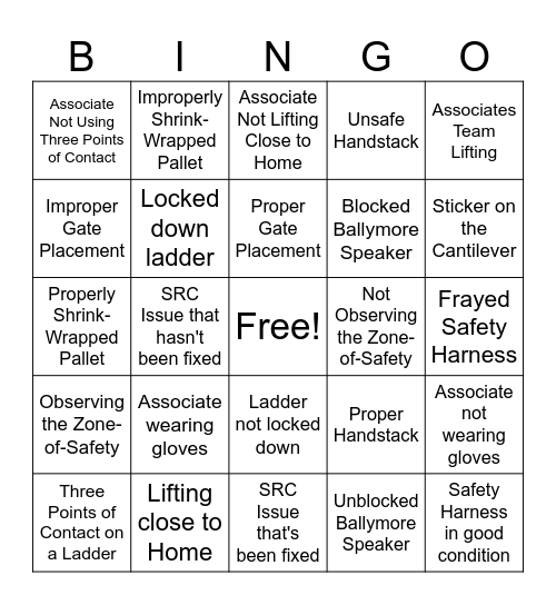 Safety Bingo Card