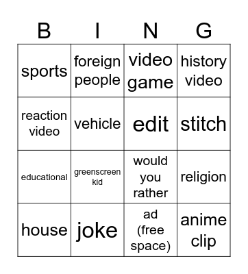 youtube shorts Bingo Card