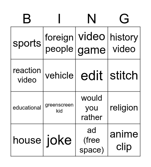 youtube shorts Bingo Card