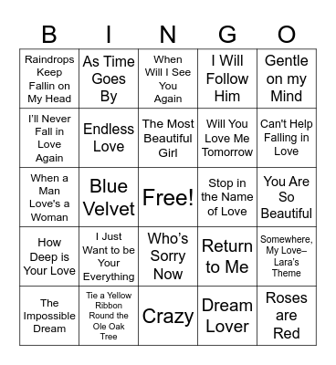 Favorite Love Songs Bingo Card