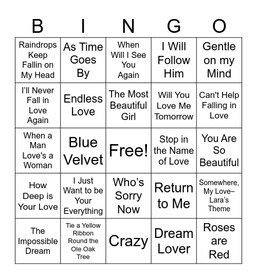 Favorite Love Songs Bingo Card