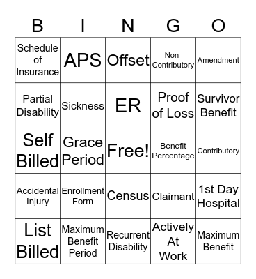 Policy Provisions and Claim Terminology Bingo Card