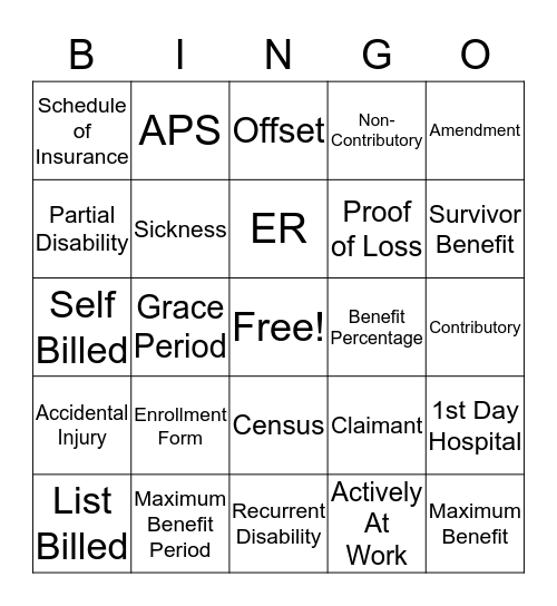 Policy Provisions and Claim Terminology Bingo Card