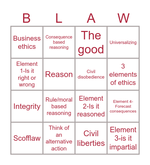 Key Concepts in Ethics and Decision Making Bingo Card