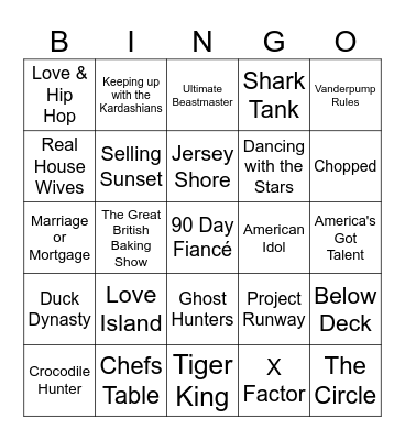 Reality TV Shows Bingo Card