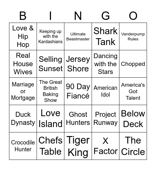 Reality TV Shows Bingo Card