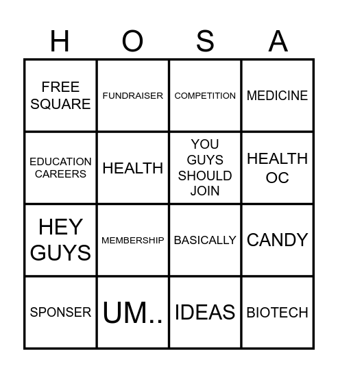 WELCOME HOSA BINGO Card