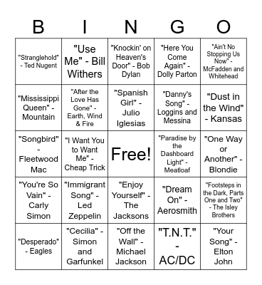 70s Music Bingo Round #1 Bingo Card