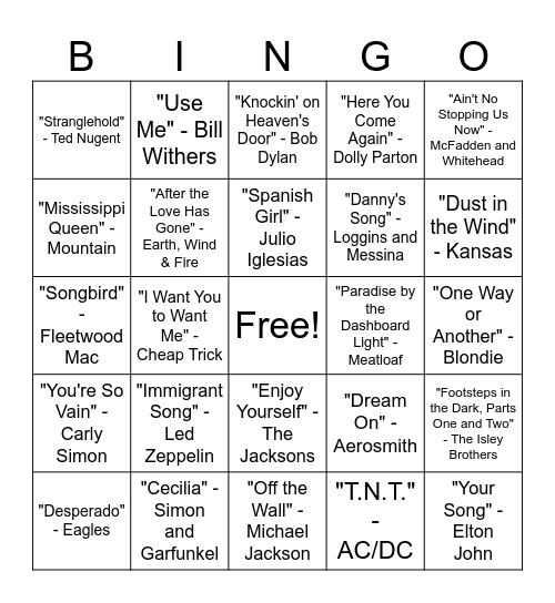 70s Music Bingo Round #1 Bingo Card