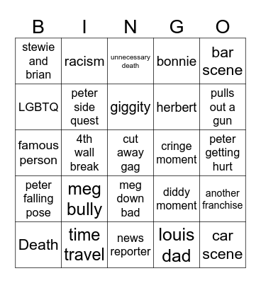 Family guy Bingo Card