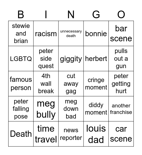 Family guy Bingo Card