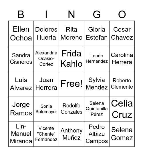 AVID Influential Hispanic Leaders Bingo Card