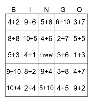 Number Ninjas Bingo Card