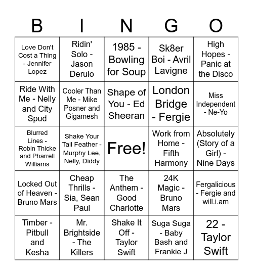 2000s Hits Music Bingo Round #3 Bingo Card