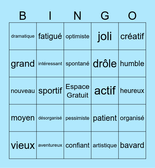 Les adjectifs Bingo Card