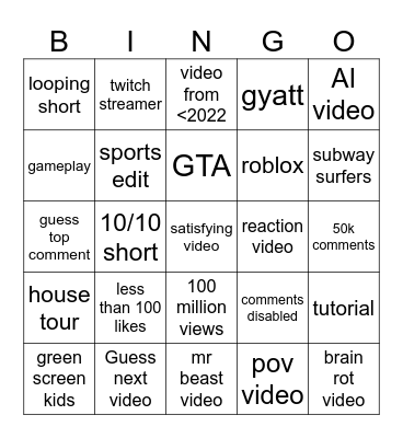 YouTube shorts bingo Card