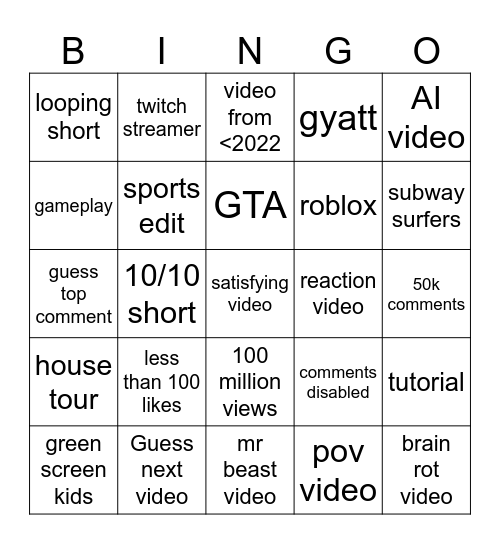 YouTube shorts bingo Card