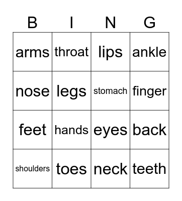 Body parts Bingo Card