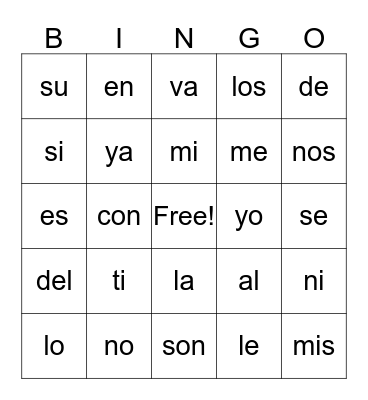 Palabras Bingo Card