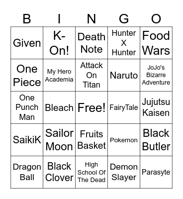 Anime Bingo Card