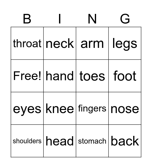 body parts esl Bingo Card