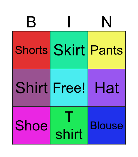 Clothes Bingo Card