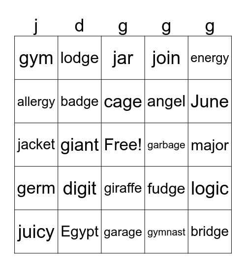 /J/ Sound Bingo Card