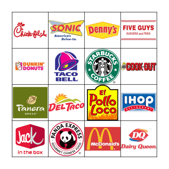 FAST FOOD Bingo Card