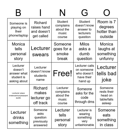 Lecture Bingo Card