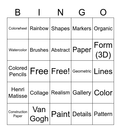 2nd Grade Art Bingo Card