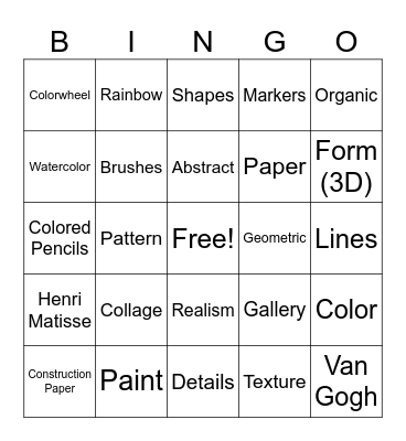 2nd Grade Art Bingo Card