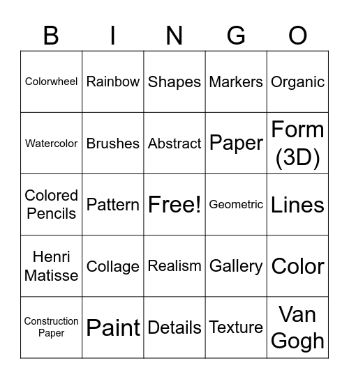 2nd Grade Art Bingo Card