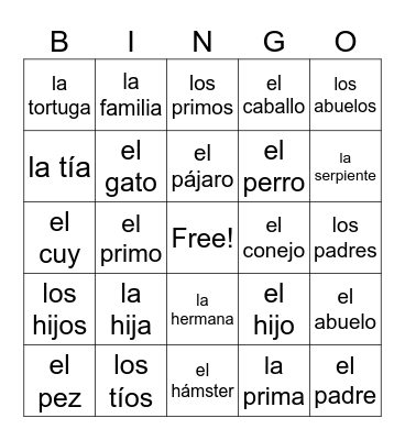 Las Mascotas y Los Miembros de la Familia Bingo Card