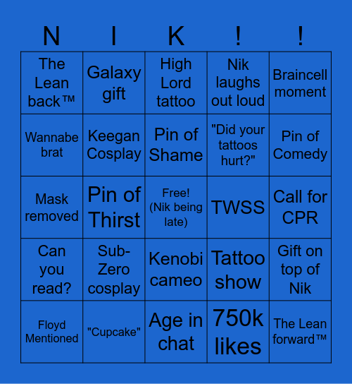 NiK Live Bingo Card