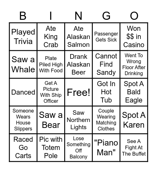 Alaskan Cruise Bingo Card