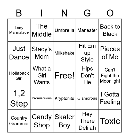 2000's Hits Bingo Card