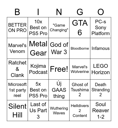 State of Play Bingo Card