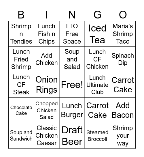 Lunch Bingo Card