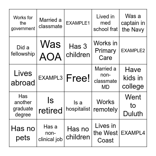 Reunion Bingo Card