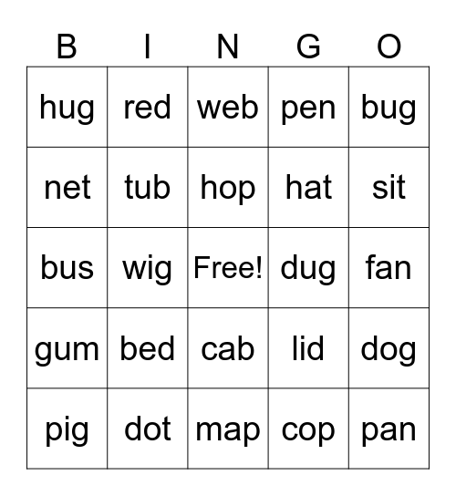 CVC Word Bingo Card