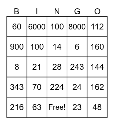 Multiplication Bingo Card