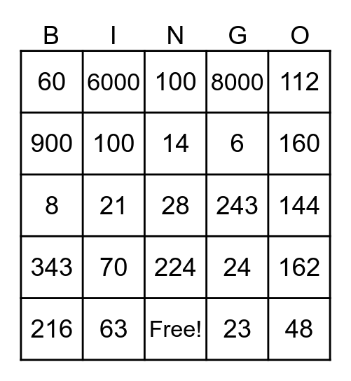 Multiplication Bingo Card