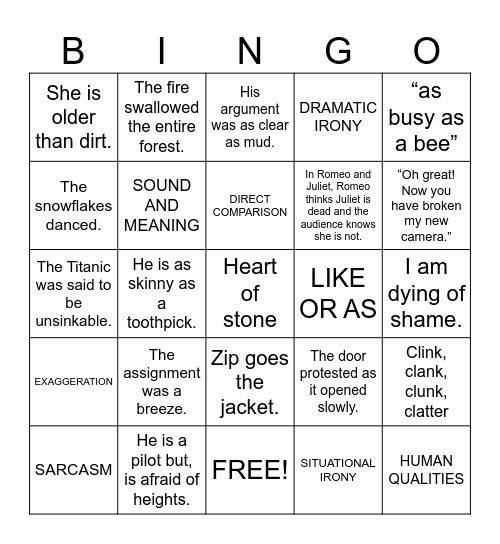 FIGURES OF SPEECH Bingo Card