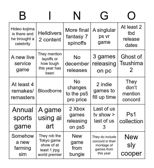 State of play Bingo Card