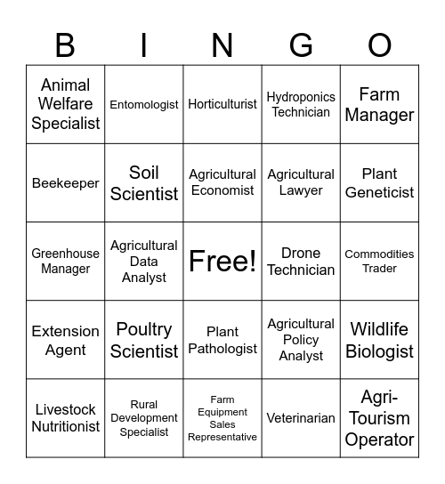 Ag Careers Bingo Card