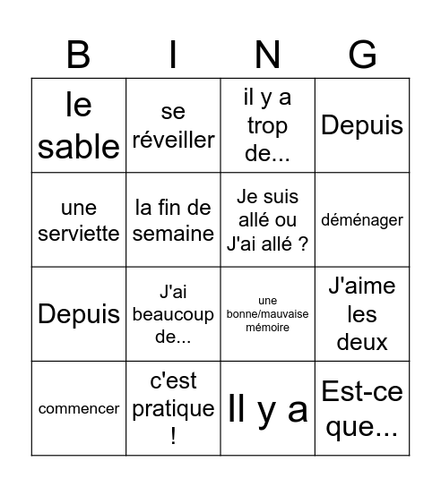 Révisons le vocabulaire ! Bingo Card