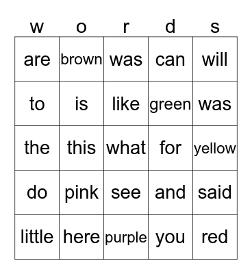 kindergarten sight words Bingo Card